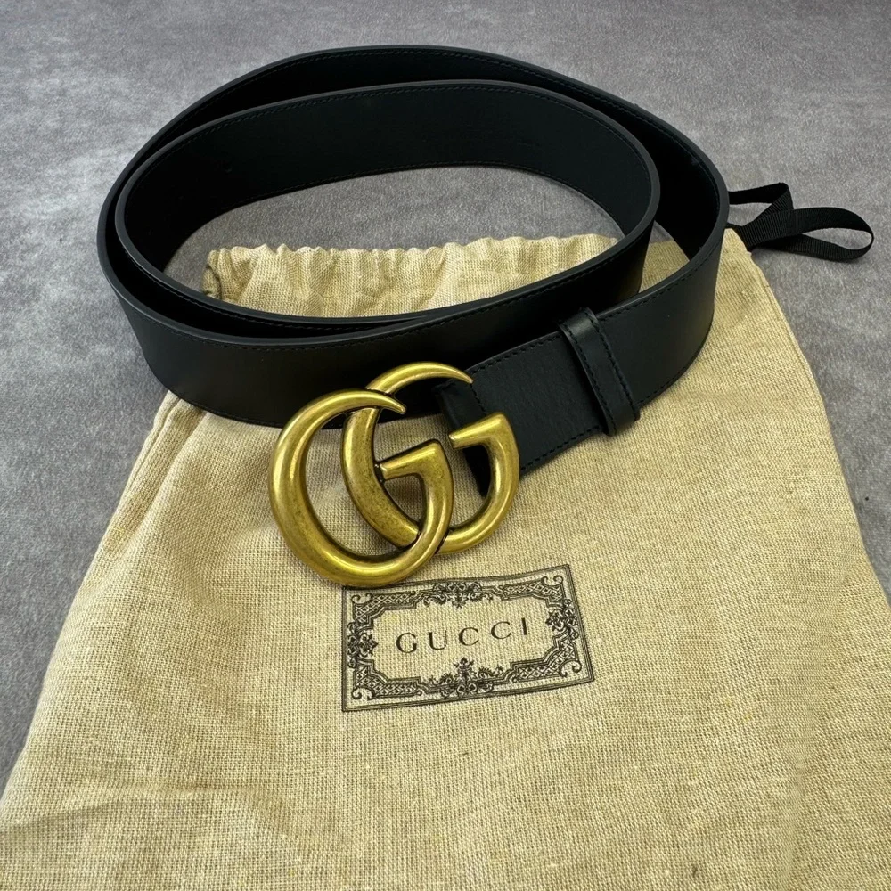 Gucci Black Leather Belt with Antiqued Gold Double G Buckle
